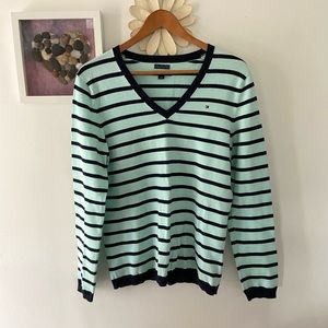 Tommy Hilfiger Striped Sweater Light Green/Navy Size Large